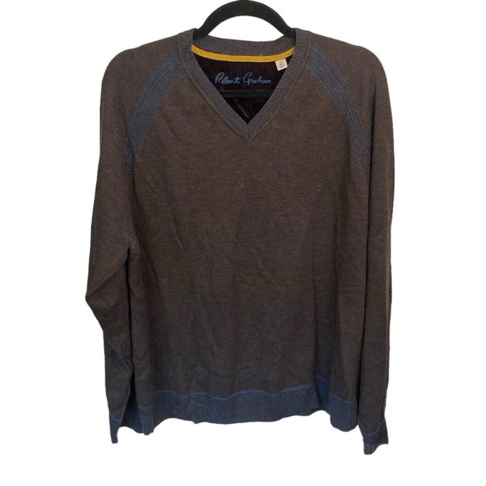 Robert‎ Graham V-Neck Wool Sweater Brown Blue Trim Size XL